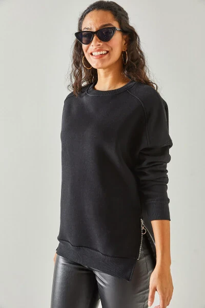 Women's Black Zippered Detail Fleece Lined Sweatshirt SWT-19000624 - 7