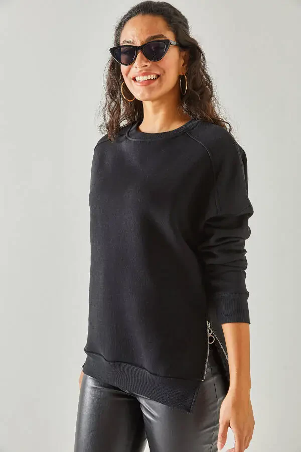 Women's Black Zippered Detail Fleece Lined Sweatshirt SWT-19000624 - 7