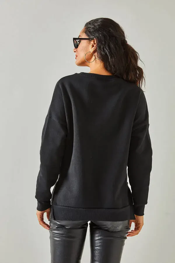 Women's Black Zippered Detail Fleece Lined Sweatshirt SWT-19000624 - 8