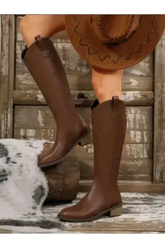 Women's Black Zippered Knee-High Heeled Boots-Brown. modanis - 1