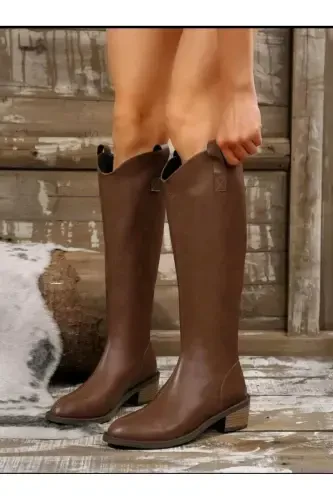 Women's Black Zippered Knee-High Heeled Boots-Brown. modanis - 6