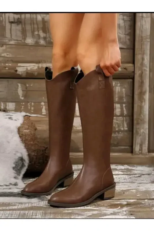 Women's Black Zippered Knee-High Heeled Boots-Brown. modanis - 6