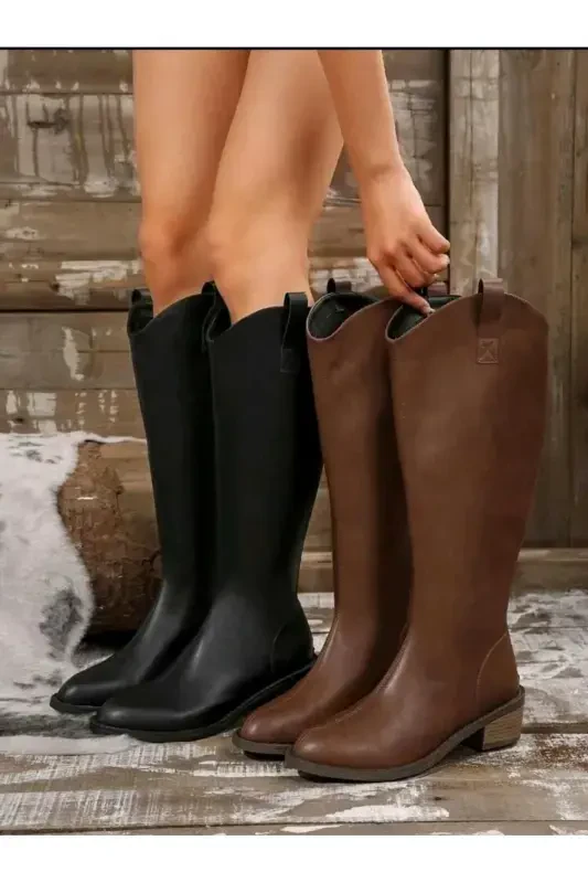 Women's Black Zippered Knee-High Heeled Boots-Brown. modanis - 8