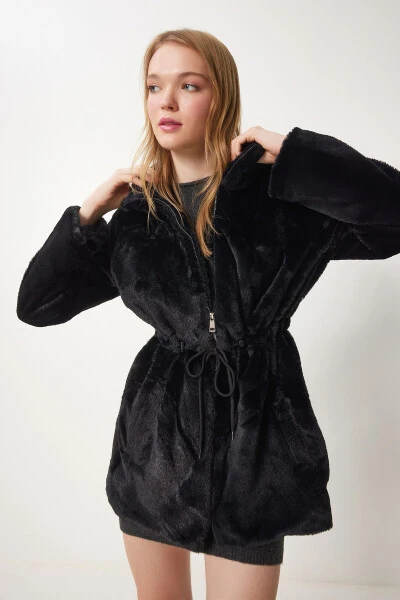 Women's Black Zippered Oversize Furry Plush Coat RV00149 - HAPPINESS İSTANBUL