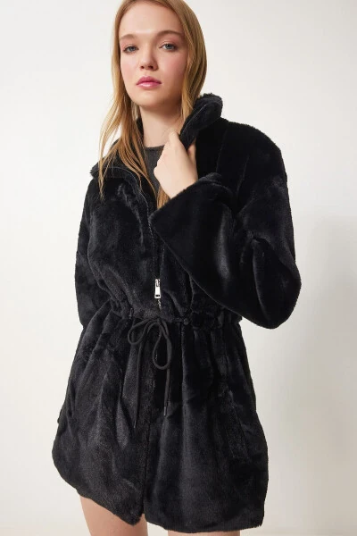 Women's Black Zippered Oversize Furry Plush Coat RV00149 - HAPPINESS İSTANBUL (1)