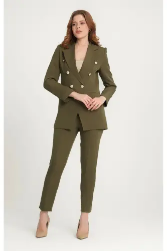 Women's Blazer Jacket Belted Pant Suit Dark Khaki-Khaki 