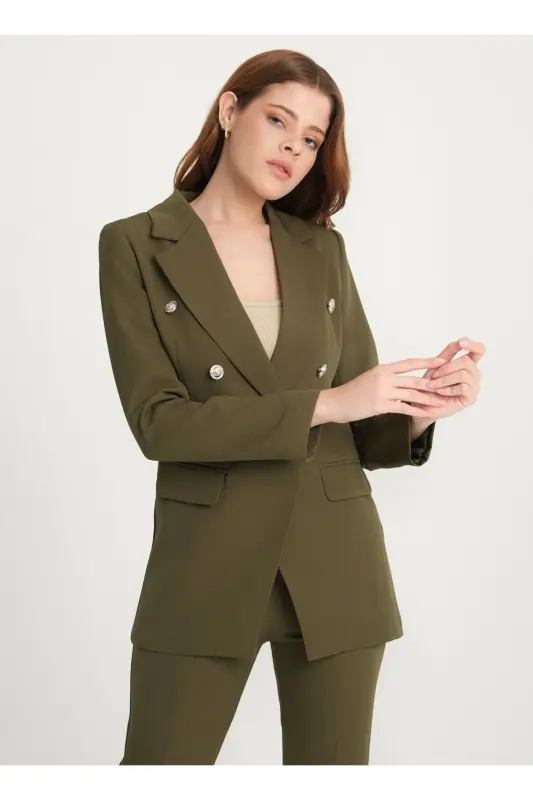 Women's Blazer Jacket Belted Pant Suit Dark Khaki-Khaki - 3