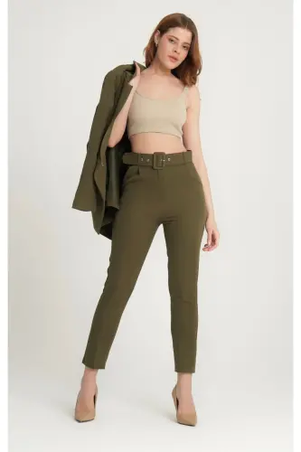 Women's Blazer Jacket Belted Pant Suit Dark Khaki-Khaki - 5