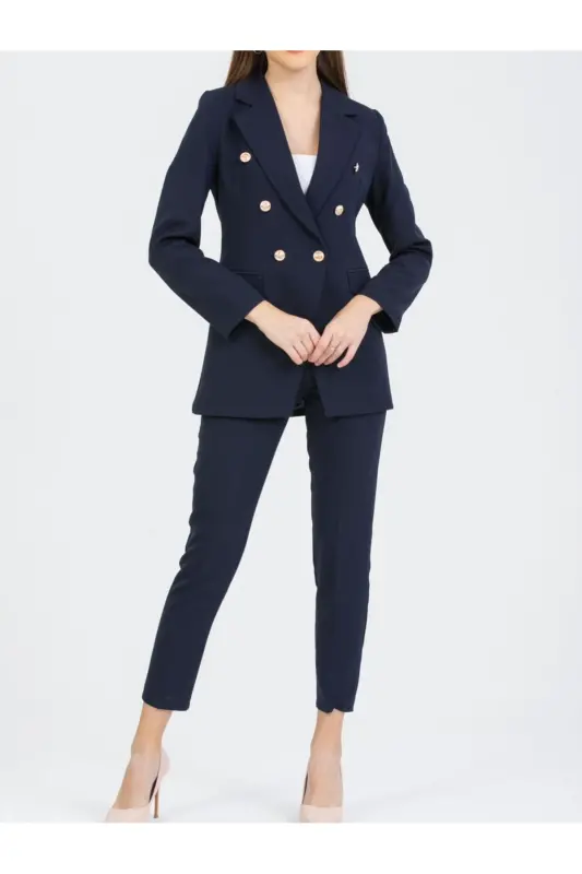 Women's Blazer Jacket Belted Pant Suit Navy Blue-Navy Blue - PEMBEKURDELEM