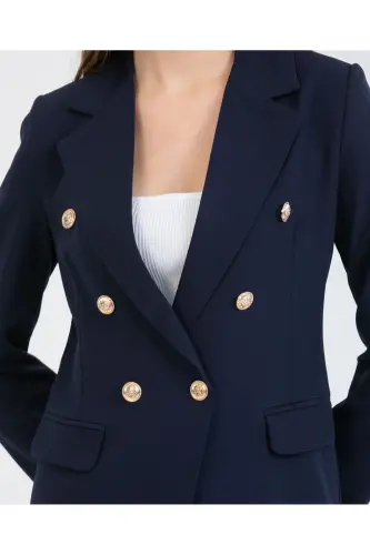 Women's Blazer Jacket Belted Pant Suit Navy Blue-Navy Blue - 3