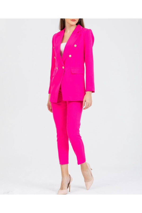 Women's Blazer Jacket Belted Pants Suit Fuchsia - 2