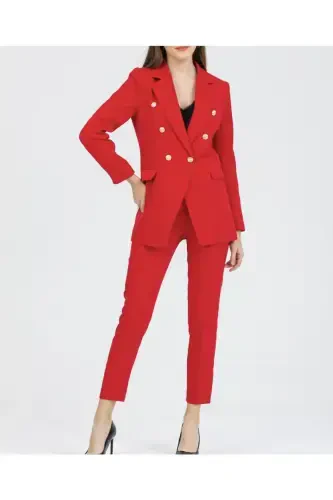 Women's Blazer Jacket Belted Pants Suit Red-Red - 1