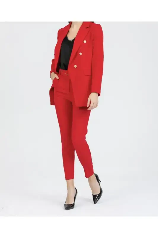 Women's Blazer Jacket Belted Pants Suit Red-Red - 3
