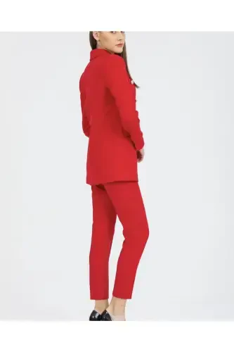Women's Blazer Jacket Belted Pants Suit Red-Red - 5