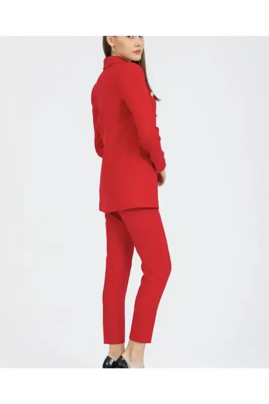 Women's Blazer Jacket Belted Pants Suit Red-Red - 5