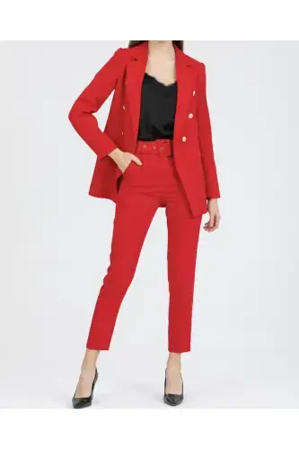 Women's Blazer Jacket Belted Pants Suit Red-Red - 7