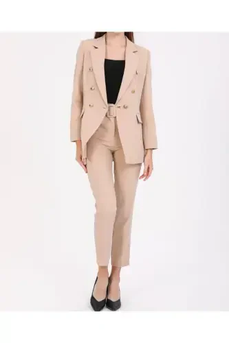 Women's Blazer Jacket Belted Trouser Suit Stone-Stone - 1