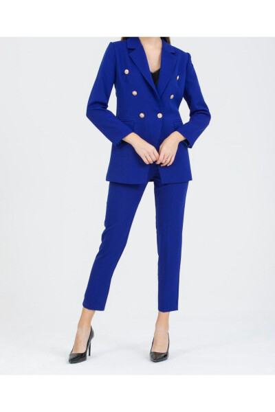 Women's Blazer Jacket with Belted Pants Suit Teal Blue 