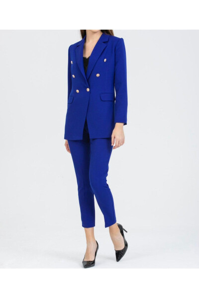 Women's Blazer Jacket with Belted Pants Suit Teal Blue - 2