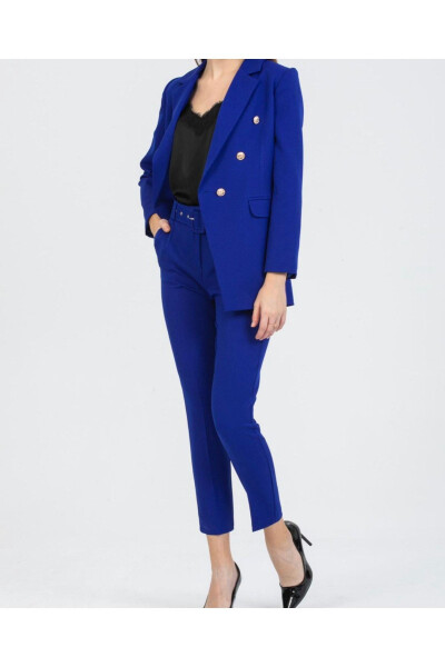 Women's Blazer Jacket with Belted Pants Suit Teal Blue - 7