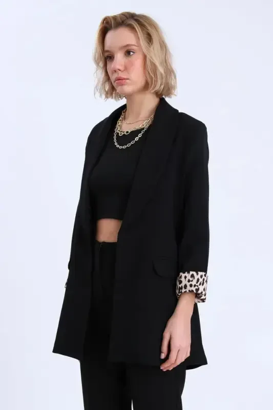 Women's Blazer Jacket with Shawl Collar and Leopard Detail - 1