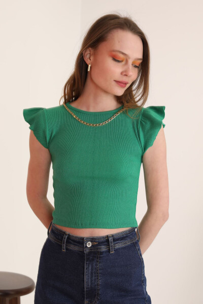 Women's Blouse with Corset Fabric Sleeves, Ruffled Chain Detail - Green - 2