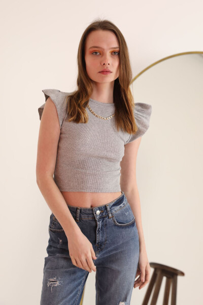 Women's Blouse with Ribbed Fabric Sleeves, Ruffled Detail and Chain Detail - GRAY MELANGE - 5