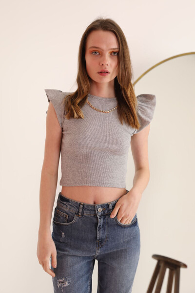 Women's Blouse with Ribbed Fabric Sleeves, Ruffled Detail and Chain Detail - GRAY MELANGE - 6