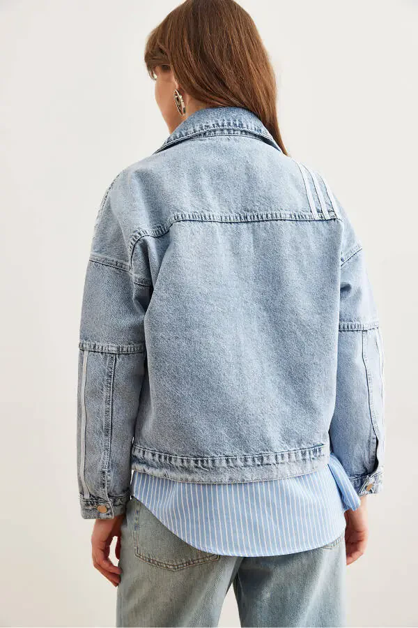Women's Blue 3 Stripe Detail Pocket Denim Jacket CKT-19000421 - 6