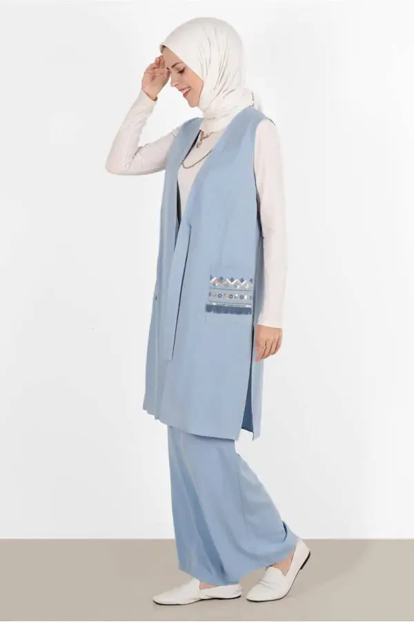 Women's Blue A.Blue Pockets Embroidered Vest 40848 - 6