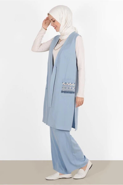 Women's Blue A.Blue Pockets Embroidered Vest 40848 - 2