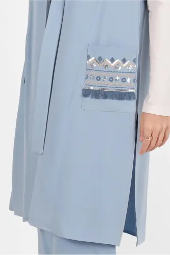 Women's Blue A.Blue Pockets Embroidered Vest 40848 - 4