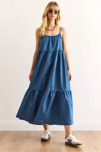Women's Blue Adjustable Strap Maxi Denim Dress - 1