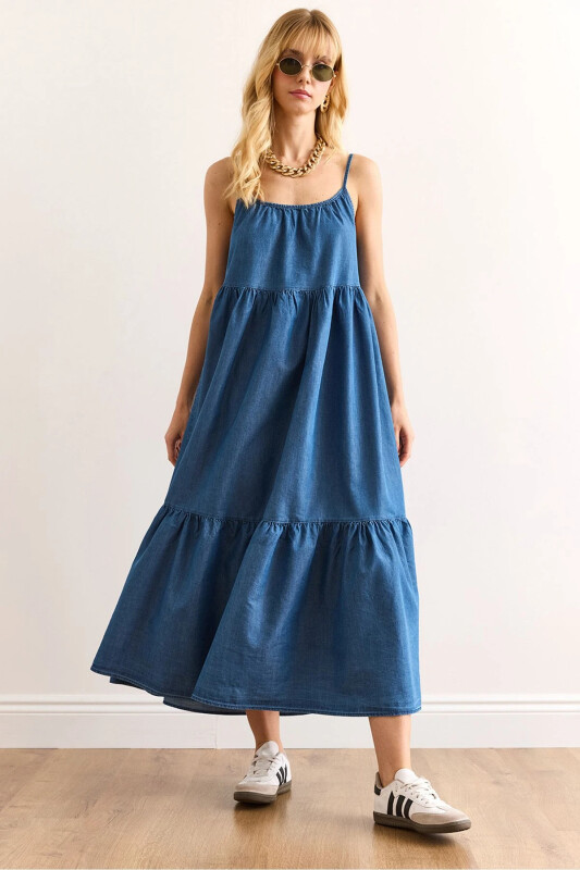Women's Blue Adjustable Strap Maxi Denim Dress - 1