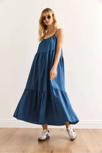 Women's Blue Adjustable Strap Maxi Denim Dress - OLALOOK (1)