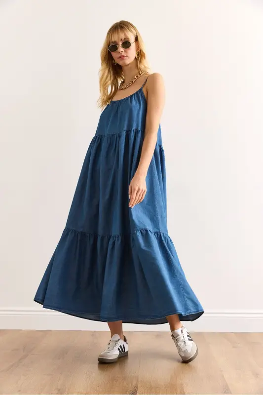 Women's Blue Adjustable Strap Maxi Denim Dress - 2