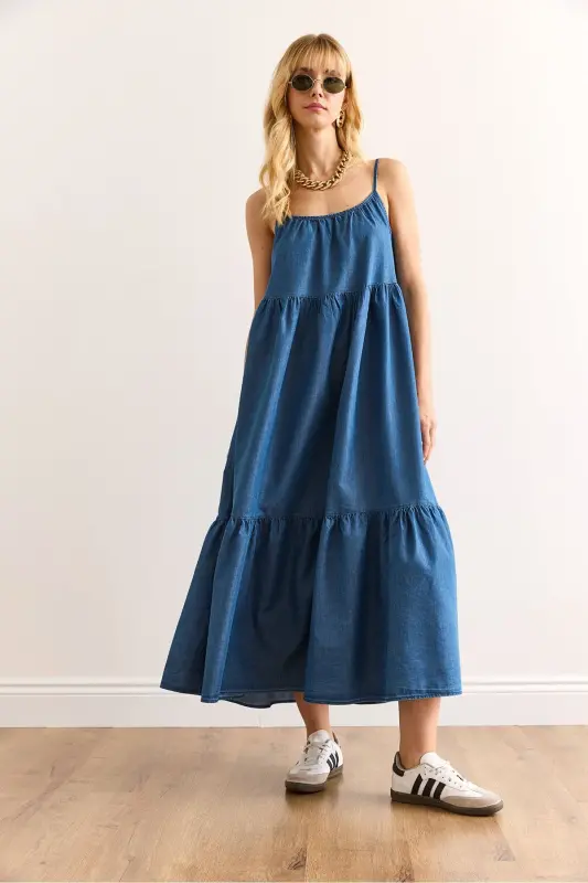 Women's Blue Adjustable Strap Maxi Denim Dress - 4