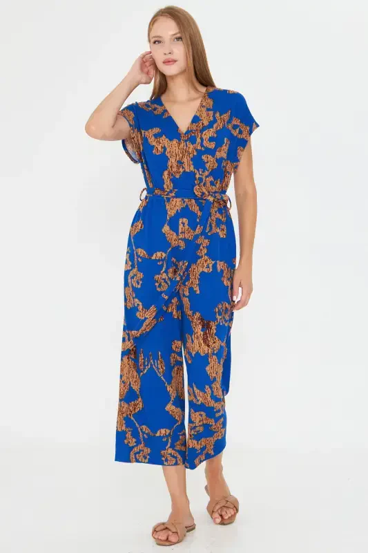 Women's Blue-Beige Crossover Belted Jumpsuit ARM-20Y042008-Blue - ARMONIKA