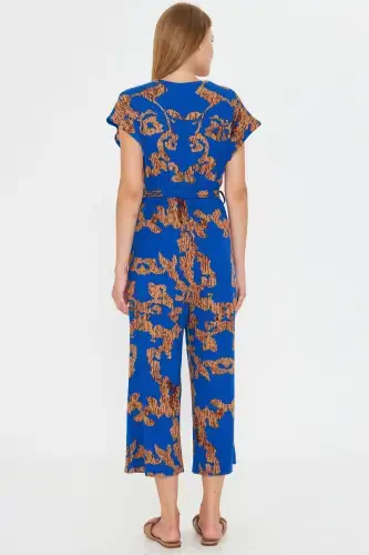 Women's Blue-Beige Crossover Belted Jumpsuit ARM-20Y042008-Blue - 4