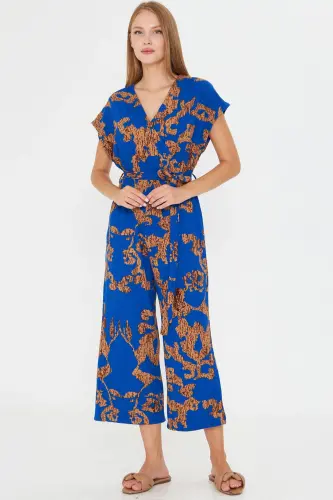Women's Blue-Beige Crossover Belted Jumpsuit ARM-20Y042008-Blue - 3