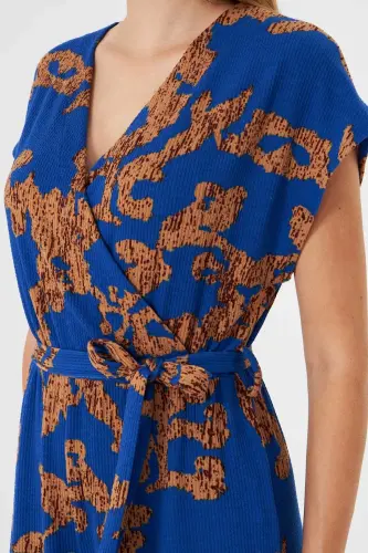 Women's Blue-Beige Crossover Belted Jumpsuit ARM-20Y042008-Blue - 4