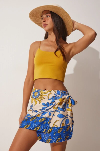 Women's Blue Beige Patterned Wrap Mini Viscose Skirt FN03063 - HAPPINESS İSTANBUL