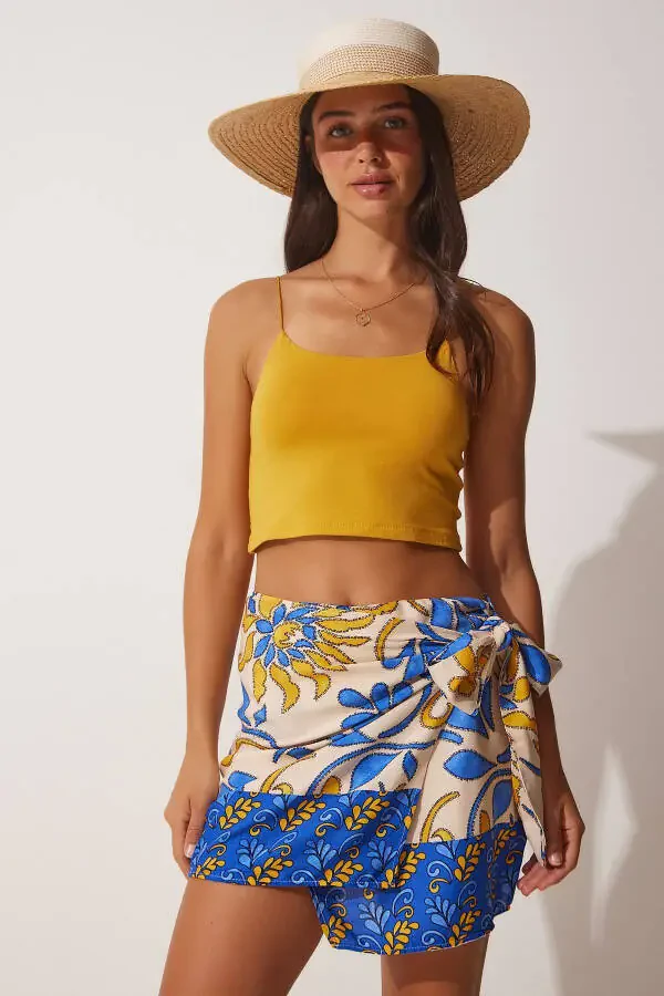 Women's Blue Beige Patterned Wrap Mini Viscose Skirt FN03063 - 4