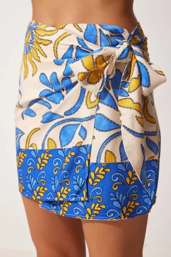 Women's Blue Beige Patterned Wrap Mini Viscose Skirt FN03063 - 5
