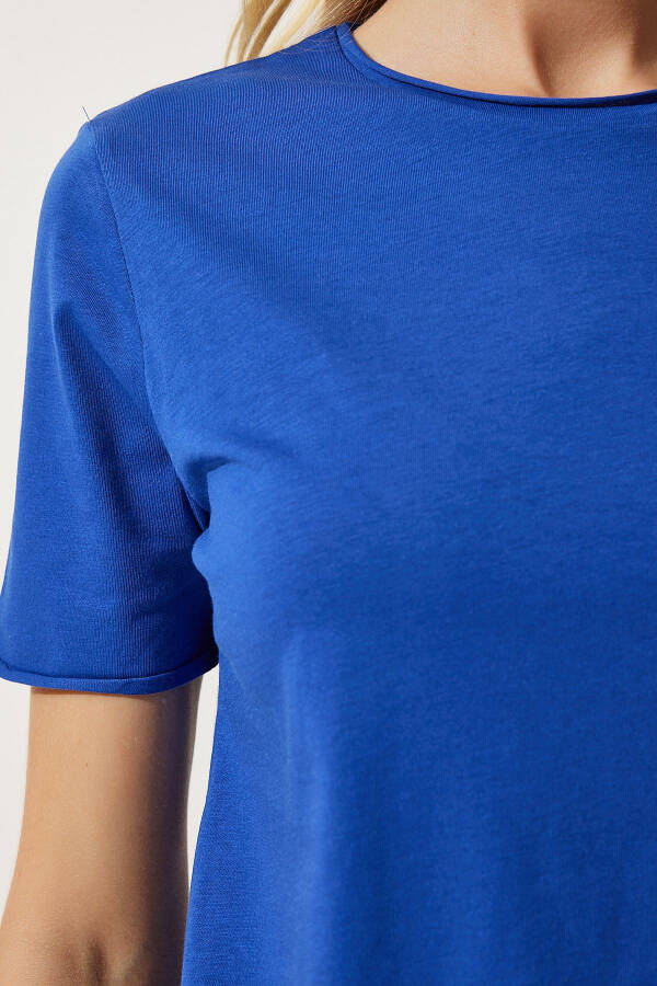 Women's Blue Bike Collar Basic Knitted T-Shirt UB00229 - 4