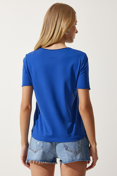 Women's Blue Bike Collar Basic Knitted T-Shirt UB00229 - 5