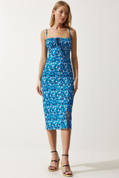 Women's Blue Black Floral Slit Summer Knit Dress CI00029 - HAPPINESS İSTANBUL (1)