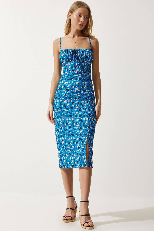 Women's Blue Black Floral Slit Summer Knit Dress CI00029 - 2