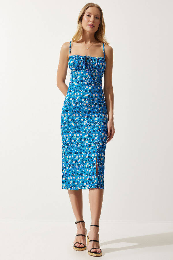 Women's Blue Black Floral Slit Summer Knit Dress CI00029 - 3
