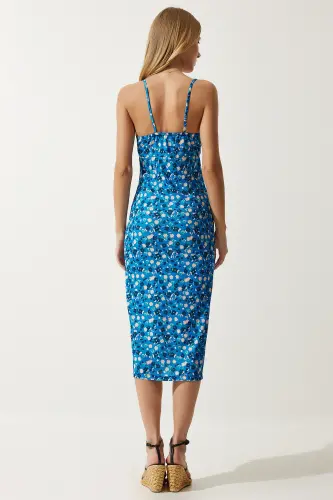 Women's Blue Black Floral Slit Summer Knit Dress CI00029 - 5